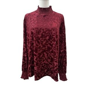 Women's 2X Burgundy Floral Crushed Burnout Velvet Whimsical High-Neck Blouse